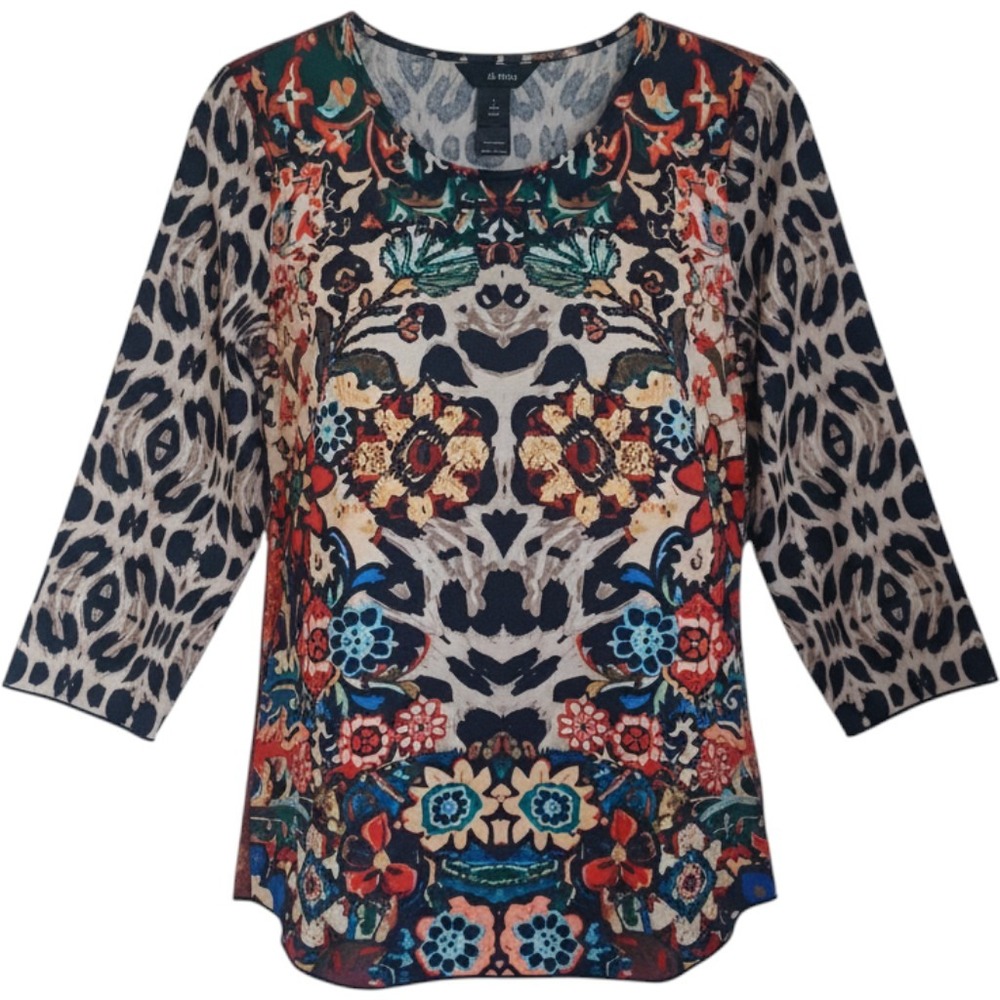 Ali Miles Womens Floral Leopard Mixed Media Tunic Top Multicolor Size L